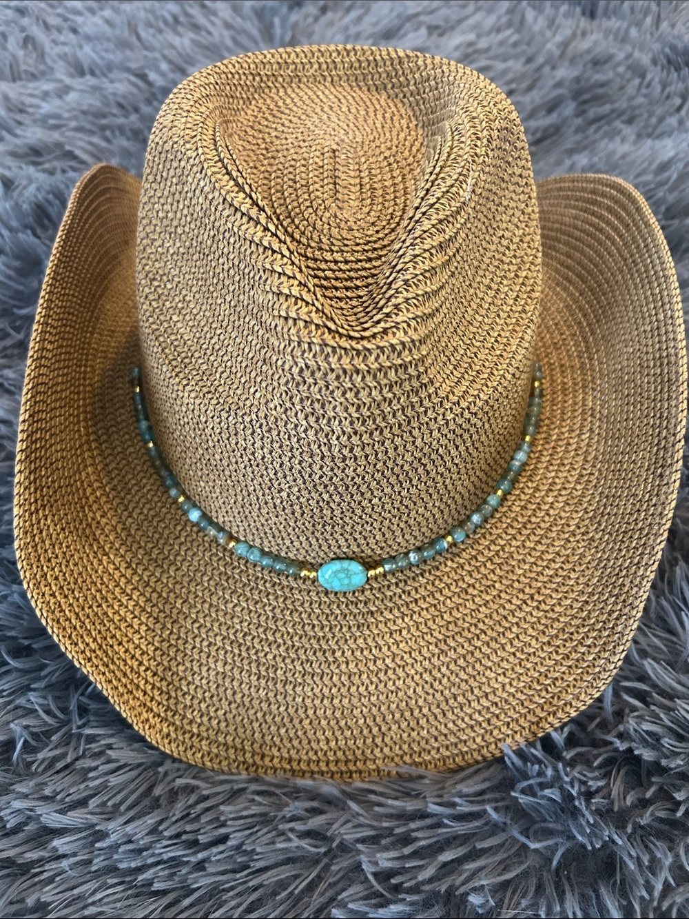 Tan Straw Western Hat with Turquoise Bead Accent